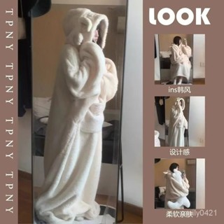 2024新款可愛毛絨保暖珊瑚絨連帽睡衣女冬季純色小羊羔家居服睡袍