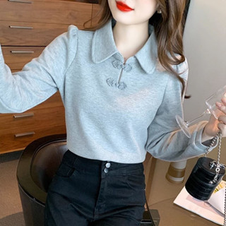臺灣熱銷 新中式盤扣polo領衛衣女秋冬2023新款高階感寬松顯瘦長袖套頭上衣--Aaron精選