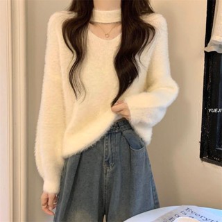 臺灣出貨🌸 冬天毛衣 女裝 寬鬆上衣 針織毛衣 軟糯掛脖v領毛衣針織衫女秋冬新款高階感時尚寬松外穿小上衣 大尺碼女裝
