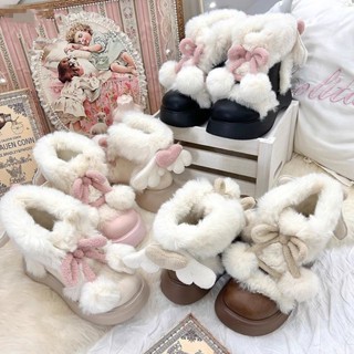 新店優惠 保暖棉鞋 可外穿 加絨加厚 lolita毛絨棉鞋可愛lo鞋冬季雪地靴洛麗塔蝴蝶結厚底圓頭百搭女鞋