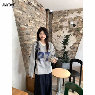 【氣質衛衣】AMYOVE 撞色印花V領衛衣女早秋設計感鬆緊T袖休閒運動寬鬆上衣