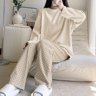 臺灣出貨✨家居服 睡衣女 女生睡衣 大尺碼睡衣 成套睡衣 帶胸墊高顏值睡衣女春秋季新款純色長袖格子長褲家居服套裝