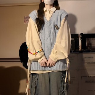 小可家單件/套裝秋季日係甜美藍色麻花針織馬甲背心毛衣女+杏色綁帶襯衫 日係套裝 日係毛衣 針織套裝 針織套裝 秋冬穿搭