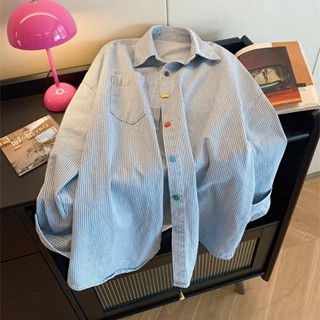【FROCK】長袖襯衫 寬鬆襯衫 長袖上衣 顯瘦上衣 複古牛仔條紋寬鬆襯衫長袖上衣 女生襯衫 襯衫外套 寬鬆外套
