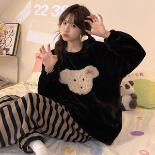 韓系 保暖 冬季 居家服 睡衣 睡衣女珊瑚絨冬季套裝年新款法蘭絨加厚加絨高顏值學生居家服