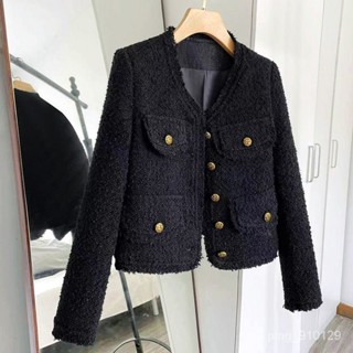 【FROCK】黑色小香風外套短薄氣質粗花呢長袖上衣長袖上衣 寬鬆外套 小香風短款外套 長袖外套 顯瘦上衣 防曬外套