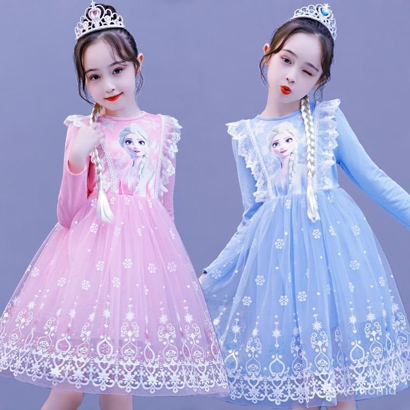 虧本給家人們👑春秋款長袖愛莎公主裙女童冬新款艾莎網紗女童連衣裙加絨 VOV8