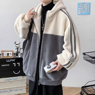 羊羔絨連帽夾克男 秋冬季新款 拼接 棉衣外套 情侶 青少年 寬鬆 休閒 保暖 冬裝 棉服（LRBW36）【壹號站】