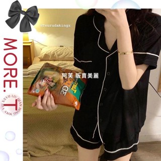 【MORE.T女裝】短袖睡衣女 夏季韓版居家服 純黑色日系睡衣 簡約休閒家居服 睡衣套裝