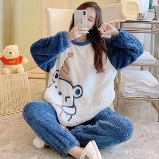 臺灣出貨 珊瑚絨睡衣女 秋冬季加絨毛茸睡衣 圓領法蘭絨家居服 女生睡衣 可愛睡衣 卡通睡衣 長袖睡衣 秋冬睡衣 加絨睡衣