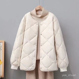 VR.秋冬#小香風女款無領菱形格小個子內搭輕薄保暖短款冬季羽絨棉服外套