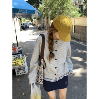 假兩件格子衛衣 棒球上衣 拚接外套 秋天上衣 加絨女裝 女裝 寬鬆上衣 長袖上衣 韓版衣服 女裝上衣