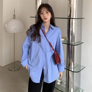 🔥cc精品小屋 襯衫 藍色條紋長袖襯衫女2022春秋新款設計感小眾復古港味氣質百搭上衣