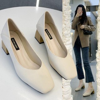 【GL SHOES】粗跟高跟鞋 百搭配裙子 韓式法式高跟鞋軟皮方頭粗跟單鞋女2024春秋新款仙女風百搭工作鞋中跟舒適奶奶