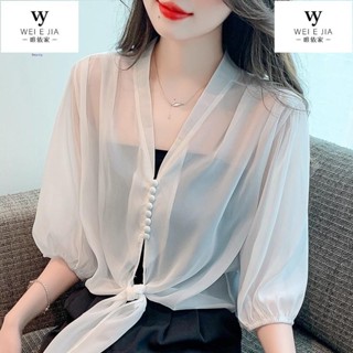 【唯家】夏季超薄雪紡衫 素色防曬衣 女配裙子短版抽繩小外套 韓版超仙寬鬆透氣上衣 V字領顯瘦小披肩 五分袖襯衫 小外套
