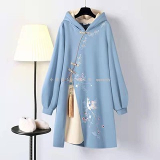 臺灣發貨！4XL胖MM漢服 大尺碼洋裝 中國風 漢服改良 大學T中長款大學T裙新年裝 改良漢服 春冬款寬鬆帽T大學T裙