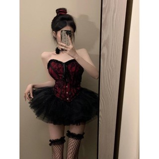✨臺灣 免運✨ 聖誕節衣服 過年衣服 聖誕洋裝 紅色洋裝 純慾複古辣妹宮廷少女蕾絲抹胸上衣 網紗蓬蓬超短裙 性感套裝