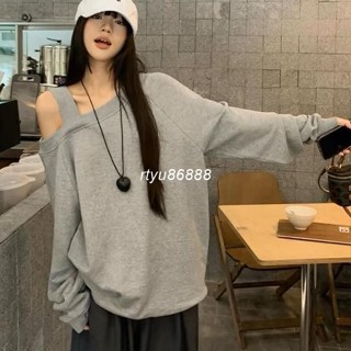 【唯家】秋季斜肩衛衣女 慵懶風露肩上衣 2024新款通勤大學T 寬鬆百搭純棉外套