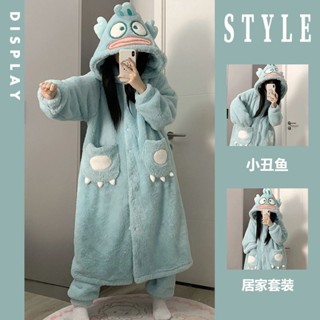 💖限時下剎💖珊瑚絨睡袍 秋冬季刷毛睡衣 居家服女士 長款浴袍 可愛小丑魚珊瑚絨睡袍刷毛加厚法蘭絨睡衣女2023年新款