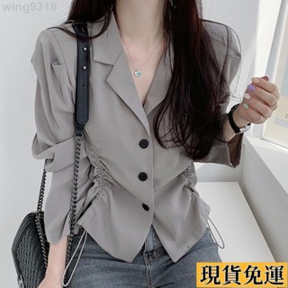 🌸臺灣限時低價🌸 韓國chic秋季簡約氣質翻領三粒扣抽繩收腰顯瘦長袖西裝外套上衣女