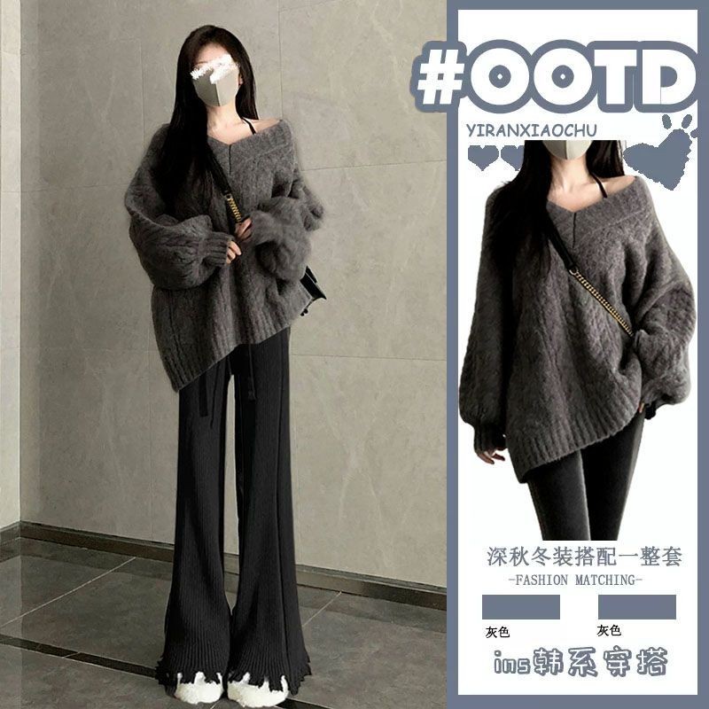 WM女裝 秋冬季女裝 女裝兩件式 韓係女裝 針織衫上衣 氣質女裝 時尚女裝2024秋冬韓版慵懶風高級女裝學院風針織毛衣外