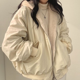 小可家冬季新款加絨加厚外套女韓版兩麵穿毛絨棉服女寬鬆拉鏈連帽棉衣女 秋冬外套 秋冬穿搭 保暖穿搭