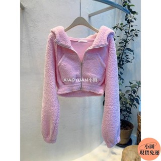 【小圓❥桃園發貨】 韓國東大門秋冬新款素色短版拉鍊連帽大學T女減齡外套
