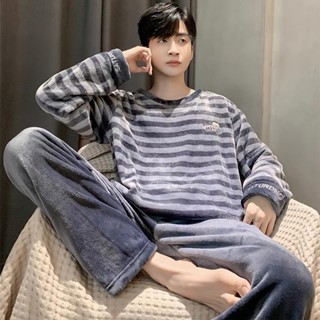 蝸居生活館🔆大尺碼睡衣 男士睡衣男秋冬季法蘭絨加厚珊瑚絨男士睡衣套裝寬松家居服可外穿 居家服男 珊瑚絨