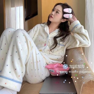 Lam 睡衣 居家服睡衣冬季女款珊瑚絨加厚加絨長袖可愛寬松法蘭絨家居服套裝可外穿