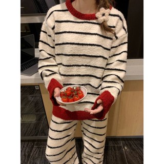 Lam 睡衣 居家服珊瑚絨睡衣女冬季網紅甜美加厚長袖休閑條紋半邊絨少女家居服套裝