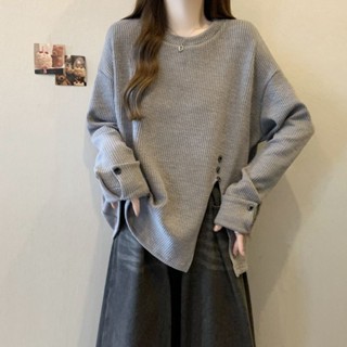 長袖 t恤女 長袖上衣 長袖女 大碼紋理感坑條開叉長袖上衣女2024秋季新款寬鬆顯瘦時尚打底衫女