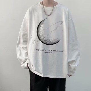 M-8XL 男士長袖T恤夏季 薄款寬鬆 上衣青少年學院風上衣秋季圓領體恤打底衫長袖上衣 日係 印花T恤 oversize