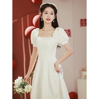 精選🔥西式韓版裙子 新娘結婚小白裙 新娘結婚敬酒服夏季新款高檔晚禮服小個子白色連衣裙平時可穿 顯瘦名媛洋裝