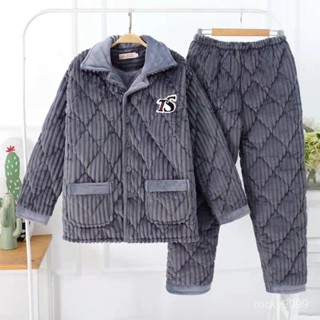 🔥爸爸冬季加厚睡衣套裝 中老年男家居服保暖套裝 男冬季法蘭絨珊瑚絨睡衣 寬鬆大碼睡衣男士冬季睡衣法蘭絨冬天保暖三層加絨