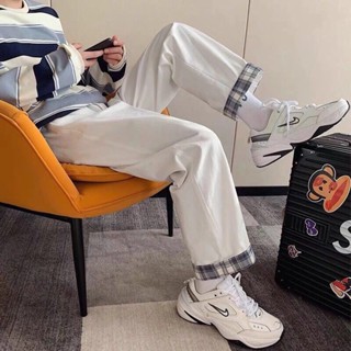 Meet.You.夏季薄款翻邊格子褲白色直筒闊腿褲休閒大碼百搭九分褲潮
