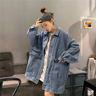 【Sweet Oversize】牛仔外套女春秋韓版百搭學生新款BF長袖複古中長款工裝寬鬆上衣女