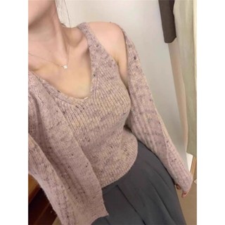 【Sweet Oversize】韓版春秋短款修身顯瘦針織開衫吊帶背心女兩件套氣質V領毛衣外套