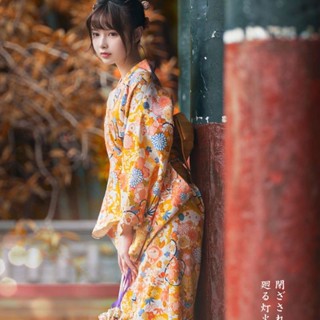 🌸熱銷免運🌸神明少女和服日本浴衣改良中國風春夏和服黃色復古連衣裙文藝寫真 改良和服 日式浴衣 日式 COSPLAY