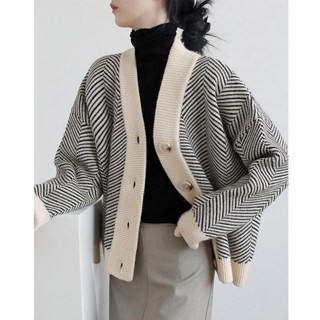 【Sweet oversize】慵懶風毛衣外套女2023秋冬季新款複古針織開衫女條紋寬鬆加厚外穿