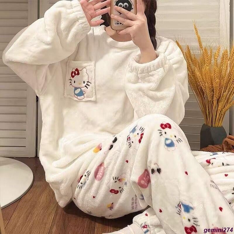 【臺灣出貨】韓版睡衣 厚款 睡袍 保暖 法蘭絨 毛絨睡衣 冬季睡衣女長袖珊瑚絨家居服網紅法蘭絨保暖套裝學生玉桂狗冬天