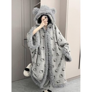 卡通凱蒂貓連帽睡衣女冬季新款珊瑚絨加厚女學生可外穿家居服睡袍 丘丘精選舘