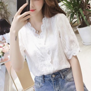 免運❤清爽的夏季小衫 花邊短版 短袖襯衫 女裝上衣白短袖蕾絲衫小清新超仙花邊鏤空小衫配寬褲裙的襯衫上衣