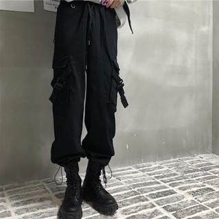 臺灣出貨韓國ins百搭工裝綁帶束腳褲闇黑係休閒褲長褲春秋潮男女款馬丁靴 秋冬長褲 加絨長褲 保暖長褲