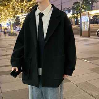 臺灣出貨風衣冬季男毛呢大衣短款西裝高階感韓版寬鬆加絨休閒外套男秋冬款 秋冬外套 秋冬套裝 秋冬穿搭 保暖男士外套