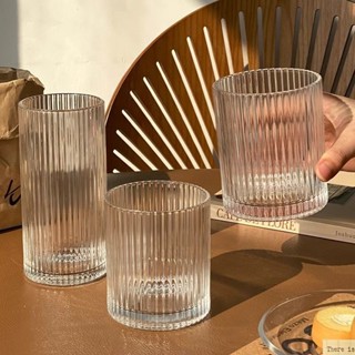 玻璃杯 咖啡杯 飲料杯 傢用水杯 水杯 簡約條紋 ins簡約條紋玻璃杯冰美式拿鐵咖啡杯果汁杯冷飲杯家用牛奶杯水杯