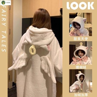 【臺灣出貨】🔥MIJIU✨秋冬毛絨睡裙 ins風可愛甜美白色天使睡衣女保暖冬季加絨加厚家居服珊瑚絨睡袍