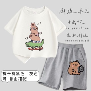 新款🔥 兒童衣服 🔥卡皮巴拉卡套裝 水豚君 兒童套裝 兒童短袖套裝 卡通印花周邊兒童短袖運動套裝夏季男女童百搭舒適倆件套