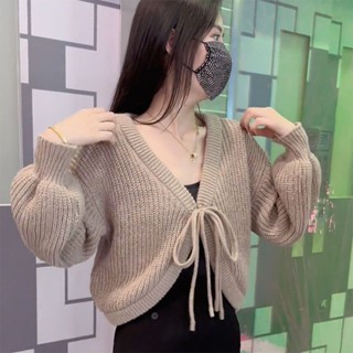 女裝2024秋季新款慵懶風寬鬆係帶針織開衫純色短款毛衣 薄針織上衣 長袖針織上衣 針織毛衣女 針織衣服 排扣針織