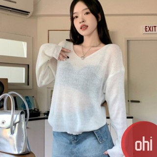 【ohi】薄款寬鬆透氣外穿V領T恤長袖防曬衣罩衫圓領上衣套頭 空調罩衫長袖落肩上衣女裝GWD3253