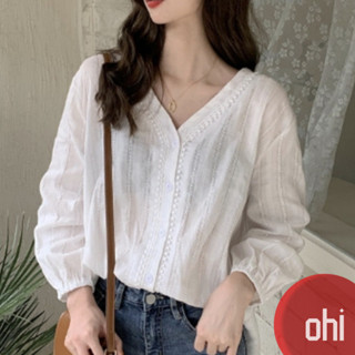 【ohi】時尚泡泡袖上衣 小眾設計V領蕾絲襯衫 新款韓版韓系女裝 女裝 休閒百搭 GSN9801